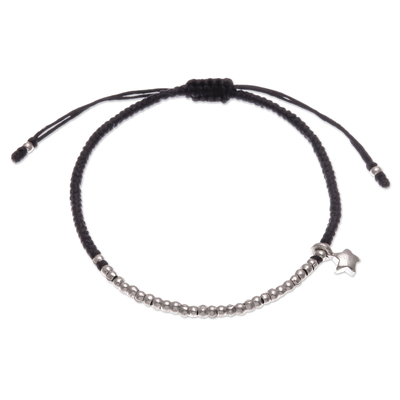 Silver beaded bracelet, 'Black Glowing Star' - Thai Black Silver Beaded Bracelet with Star Charm