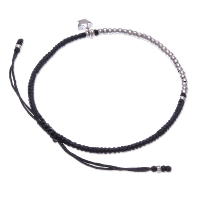 Silver beaded bracelet, 'Black Glowing Star' - Thai Black Silver Beaded Bracelet with Star Charm