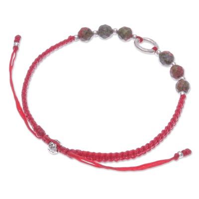 Unakite beaded pendant bracelet, 'Balance Orbs' - Handcrafted Unakite Beaded Bracelet with Silver Pendant