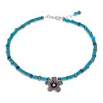 Multi-gemstone beaded pendant anklet, 'Ankle High' - Handmade Jasper Beaded Silver Pendant Anklet from Thailand