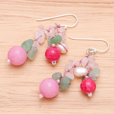 Multi-gemstone dangle earrings, 'Pink Paradise' - Handcrafted Multi-Gemstone Pink Dangle Earrings