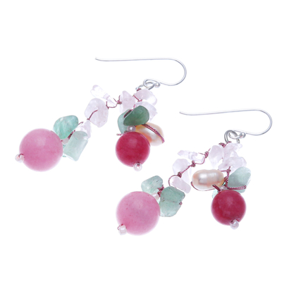 Multi-gemstone dangle earrings, 'Pink Paradise' - Handcrafted Multi-Gemstone Pink Dangle Earrings