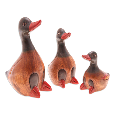Wood figurines, 'Family of Ducks' (set of 4) - Set of 3 Hand-Carved and Hand-Painted Duck Wood Figurines
