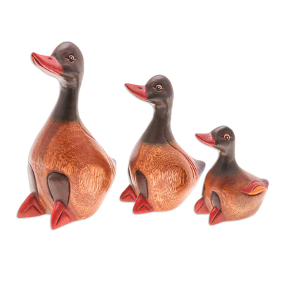 Wood figurines, 'Family of Ducks' (set of 4) - Set of 3 Hand-Carved and Hand-Painted Duck Wood Figurines