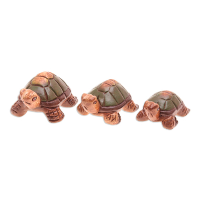 Holzfiguren, (3er-Set) - Set mit 3 handgeschnitzten und handbemalten Schildkröten-Holzfiguren