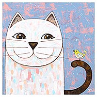 'Happy Friends' - Acrylic on Canvas Cat and Bird Naif Painting from Thailand