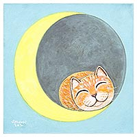 'Ginger Cat and Lunar Eclipse' - Acrylic on Canvas Cat and Moon Naif Painting from Thailand