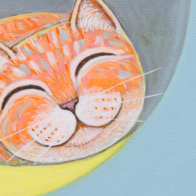 'Ginger Cat and Lunar Eclipse' - Acrílico sobre Lienzo Gato y Luna Pintura Naif de Tailandia