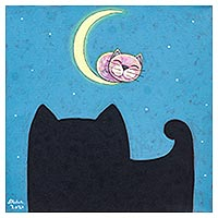 'Good Night' - Acrylic on Canvas Cats and Moon Naif Painting from Thailand