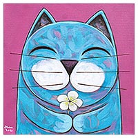 'Give Love' - Acrílico sobre Lienzo Pintura Naif de Gato y Flor de Tailandia