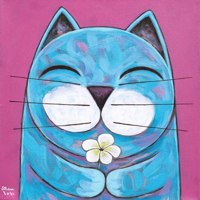 'Give Love' - Acrylic on Canvas Cat and Flower Naif Painting from Thailand