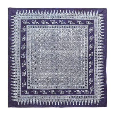 Cotton Batik Tablecloth with Elephant Motifs in Blue