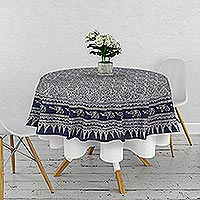 Cotton batik tablecloth, 'Sacred Sages' - Cotton Batik Tablecloth with Elephant Details in Blue