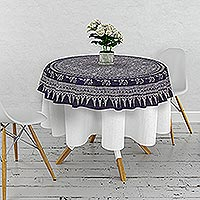 Cotton batik tablecloth, 'Little Sages' - Blue Round Cotton Tablecloth with Batik Elephant Motifs