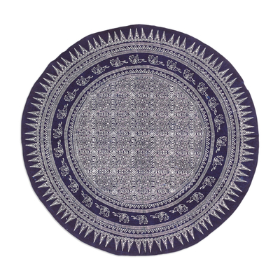 Blue Round Cotton Tablecloth with Batik Elephant Motifs