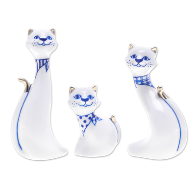 Set of 3 Porcelain Cat Statuettes with Gilded Accents