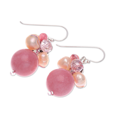 Quartz and cultured pearl dangle earrings, 'Pink Summer' - Pink Quartz and Pearl Dangle Earrings Crafted in Thailand