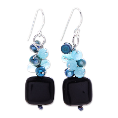 Blue and Black Multi-Gemstone Dangle Earrings from Thailand