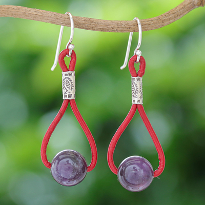 Amethyst dangle earrings, 'Spring Passion' - Amethyst and Leather Dangle Earrings with 950 Silver Beads