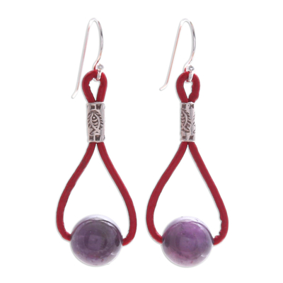 Amethyst and Leather Dangle Earrings with 950 Silver Beads