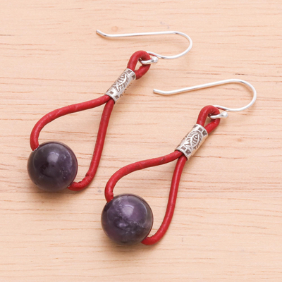 Amethyst dangle earrings, 'Spring Passion' - Amethyst and Leather Dangle Earrings with 950 Silver Beads