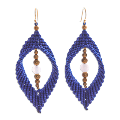 Quartz macrame dangle earrings, 'Dark Blue Drop' - White Quartz and Brass Beads Macrame Dangle Earrings in Blue