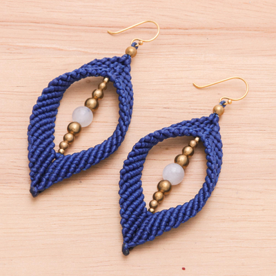 Quartz macrame dangle earrings, 'Dark Blue Drop' - White Quartz and Brass Beads Macrame Dangle Earrings in Blue