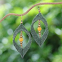 Quartz macrame dangle earrings, 'Green Drop'