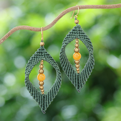 Quartz macrame dangle earrings, 'Green Drop' - Yellow Quartz & Brass Beads Macrame Dangle Earrings in Green