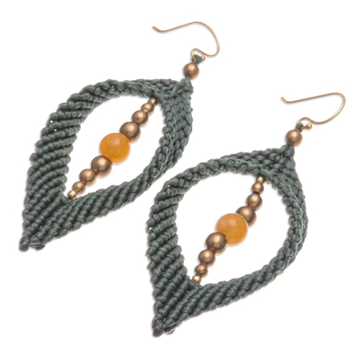 Quartz macrame dangle earrings, 'Green Drop' - Yellow Quartz & Brass Beads Macrame Dangle Earrings in Green