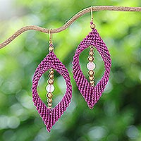 Rose quartz macrame dangle earrings, 'Fuchsia Drop' - Rose Quartz & Brass Beads Macrame Dangle Earrings in Fuchsia