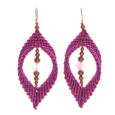 Rose quartz macrame dangle earrings, 'Fuchsia Drop' - Rose Quartz & Brass Beads Macrame Dangle Earrings in Fuchsia
