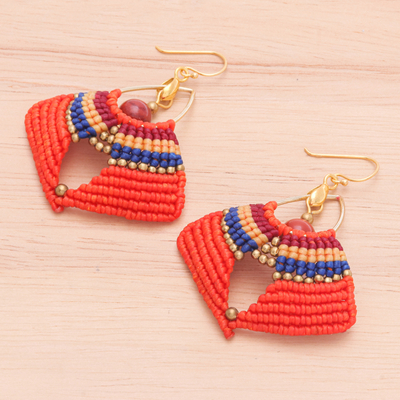 Jasper macrame dangle earrings, 'Orange Flight' - Handcrafted Jasper Macrame Dangle Earrings with Brass Beads