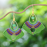 Quartz macrame dangle earrings, 'Green Flight'