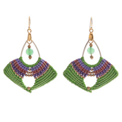 Quartz macrame dangle earrings, 'Green Flight' - Handcrafted Quartz Macrame Dangle Earrings with Brass Beads