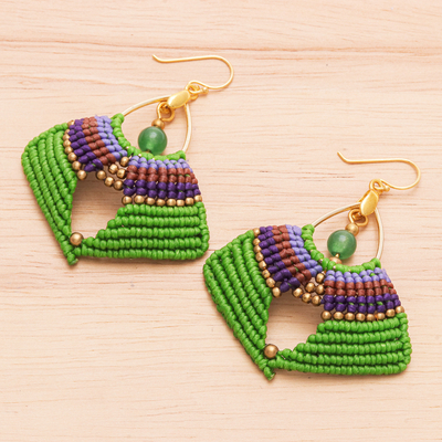 Quartz macrame dangle earrings, 'Green Flight' - Handcrafted Quartz Macrame Dangle Earrings with Brass Beads