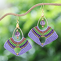 Macrame dangle earrings, 'Purple Flight' - Handcrafted Purple Macrame Dangle Earrings with Glass Beads