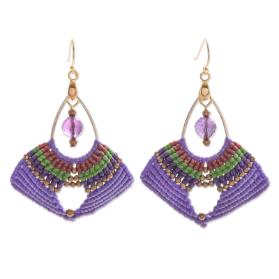 Macrame dangle earrings, 'Purple Flight' - Handcrafted Purple Macrame Dangle Earrings with Glass Beads