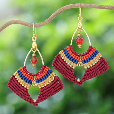 Carnelian macrame dangle earrings, 'Red Flight' - Handcrafted Carnelian Macrame Dangle Earrings in Red