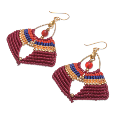 Carnelian macrame dangle earrings, 'Red Flight' - Handcrafted Carnelian Macrame Dangle Earrings in Red