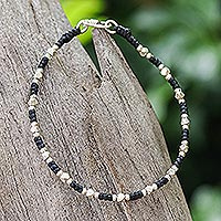 Silver beaded bracelet, 'Bohemian Geometry' - Handcrafted Braided Bracelet with Geometric Silver Beads