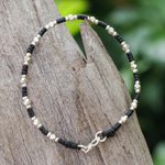 Silver beaded bracelet, 'Bohemian Geometry' - Handcrafted Braided Bracelet with Geometric Silver Beads