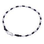 Silver beaded bracelet, 'Bohemian Geometry' - Handcrafted Braided Bracelet with Geometric Silver Beads