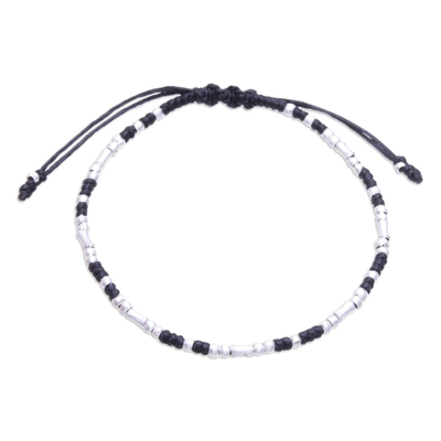 Handcrafted Black Braided Bracelet with Silver Beads