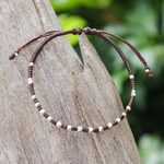 Silver beaded bracelet, 'Youthful Geometry' - Handcrafted Brown Adjustable Bracelet with Silver Beads