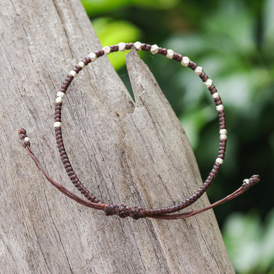 Silver beaded bracelet, 'Youthful Geometry' - Handcrafted Brown Adjustable Bracelet with Silver Beads