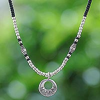 Silver beaded pendant necklace, 'Sparkling Tradition' - Black Braided Pendant Necklace with Silver Beads