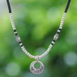 Silver beaded pendant necklace, 'Sparkling Tradition' - Black Braided Pendant Necklace with Silver Beads