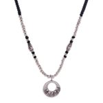 Silver beaded pendant necklace, 'Sparkling Tradition' - Black Braided Pendant Necklace with Silver Beads