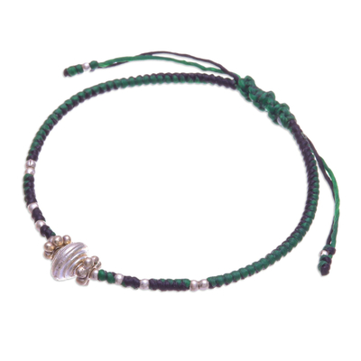 Silver pendant bracelet, 'Spinning Green' - Handcrafted Silver Pendant Bracelet in Green and Black